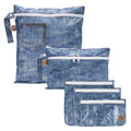 Bumkins Roamio Travel Set – Waterproof Wet Bag, Wet/Dry Clutch, 3 Clear TSA Pouches – Reusable Organizers for Swim, Gym, Toiletries, Baby Gear, Pump Parts, Beach, Pool, Travel, Faux Denim 5-pc Set