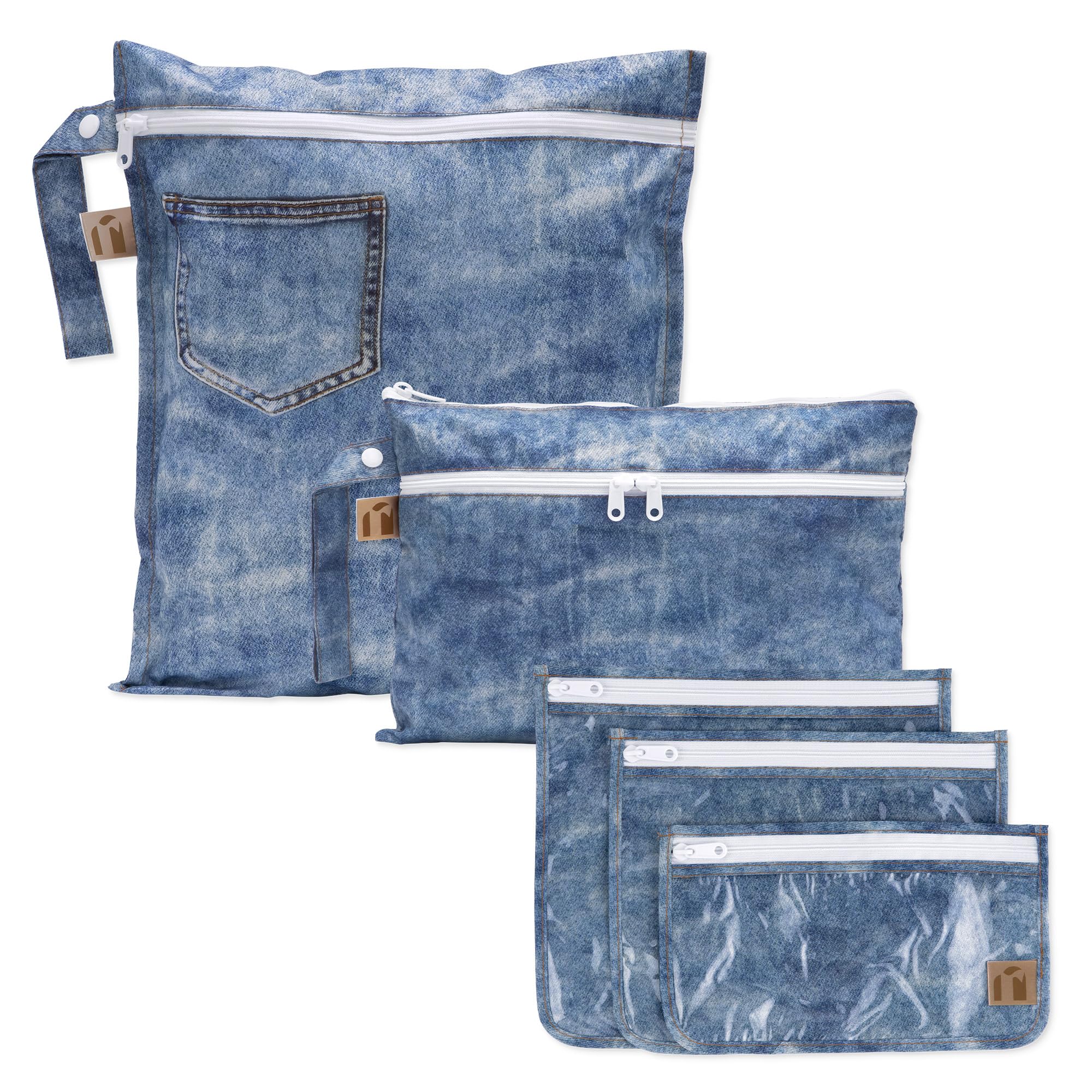 Bumkins Roamio Travel Set – Waterproof Wet Bag, Wet/Dry Clutch, 3 Clear TSA Pouches – Reusable Organizers for Swim, Gym, Toiletries, Baby Gear, Pump Parts, Beach, Pool, Travel, Faux Denim 5-pc Set