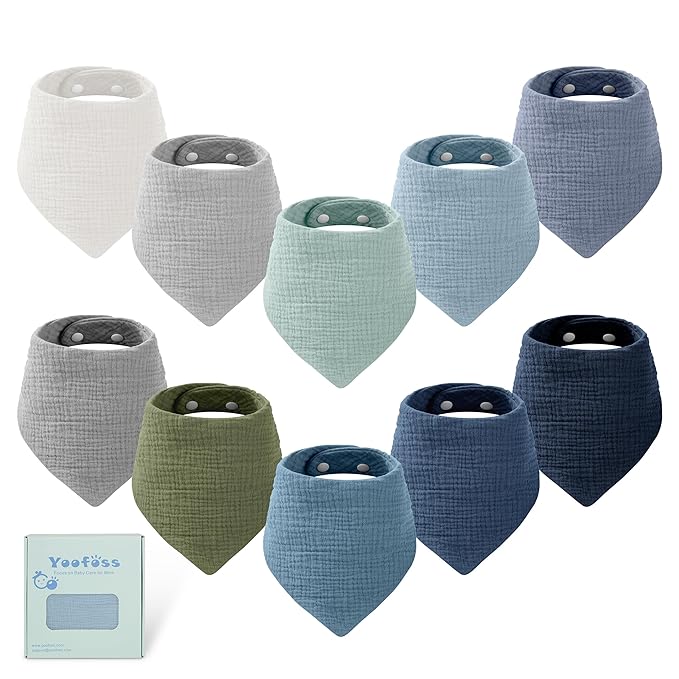 Yoofoss Muslin Baby Bibs 10 Pack 100% Organic Cotton 6-Layer Soft Absorbent Drool Bandana Baby Bibs for Drooling and Teething for Boys and Girls, Gradient Blue
