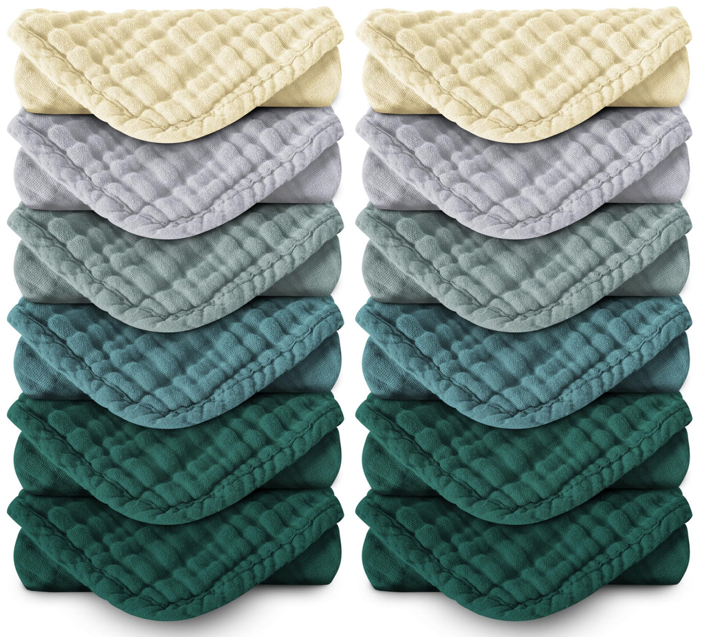 Spotted Play Muslin Burp Cloths 100% Cotton Large 20''x10'' Extra Soft and Absorbent Baby Wash Cloths Spit Up Rags - Baby Burping Cloth for Boys Girls Items(12 Pack Ivory, Slate and Emerald Series)