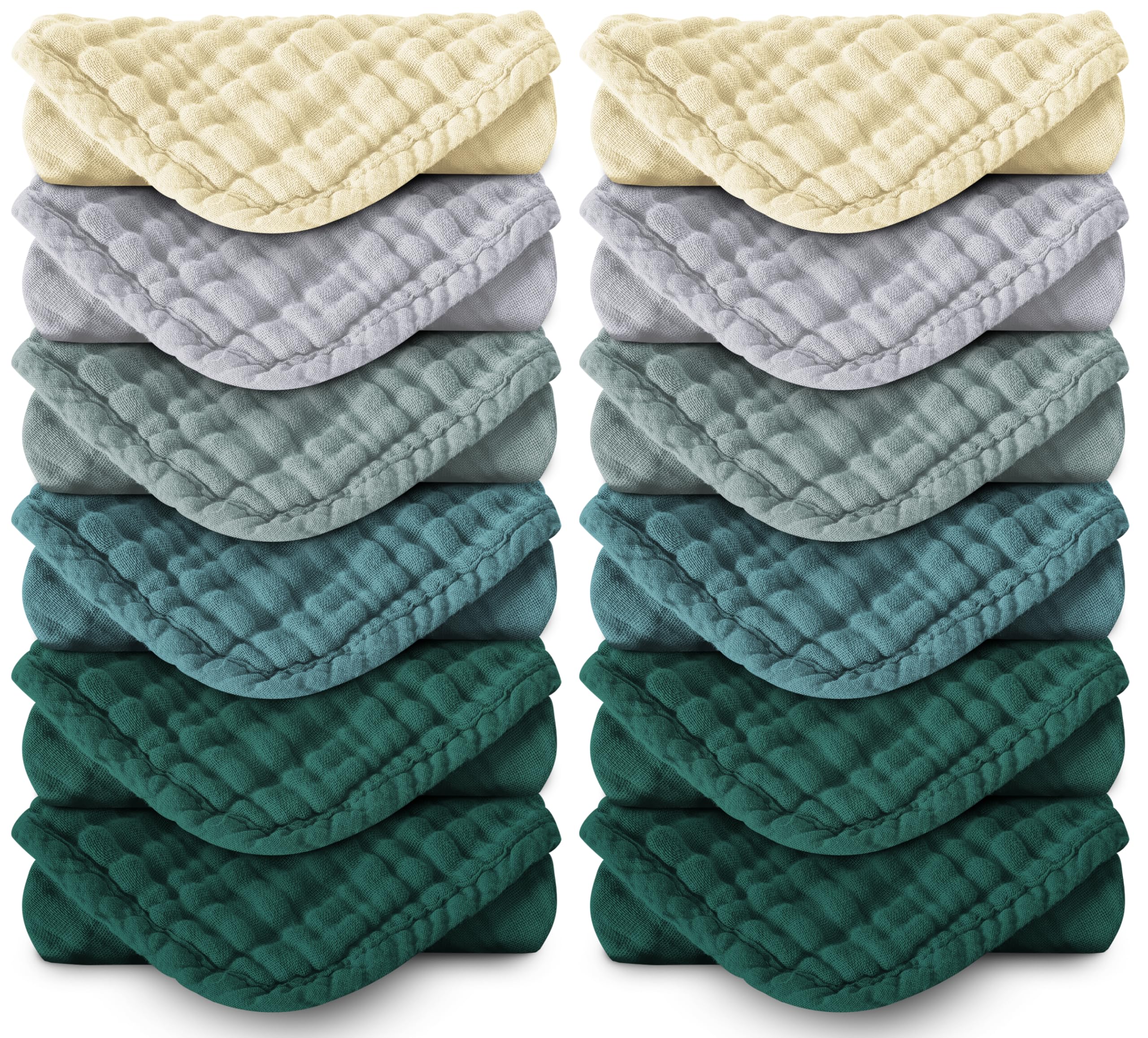 Spotted Play Muslin Burp Cloths 100% Cotton Large 20''x10'' Extra Soft and Absorbent Baby Wash Cloths Spit Up Rags - Baby Burping Cloth for Boys Girls Items(12 Pack Ivory, Slate and Emerald Series)