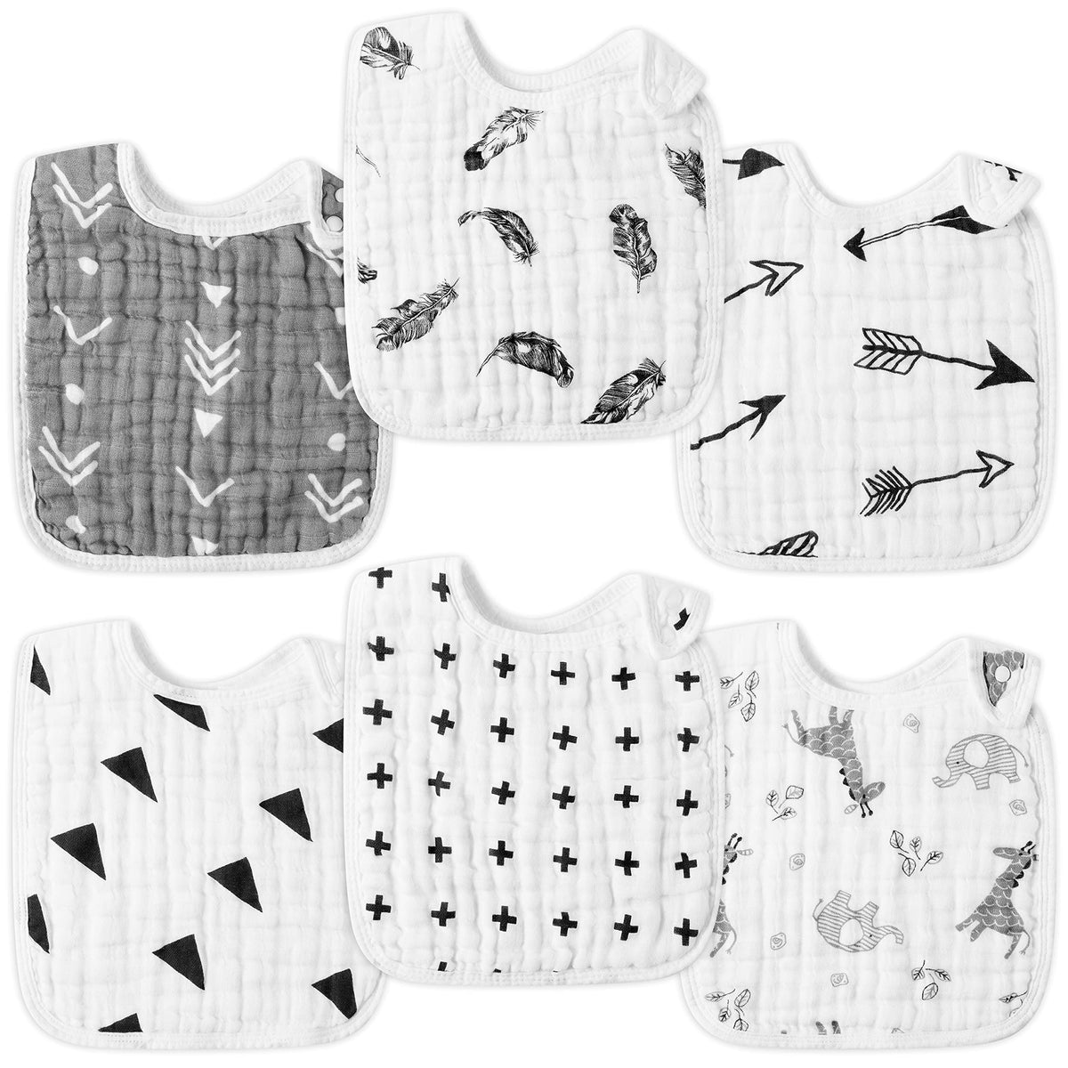 Zainpe 6Pcs Snap Muslin Cotton Bibs for Baby, Flamingo Star Flower Machine Washable Adjustable Burp Cloths with 6 Absorbent Soft Layers for Infant Newborn Toddler Drooling Feeding and Teething