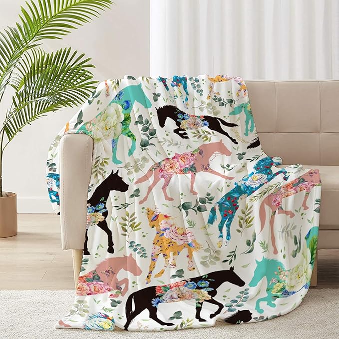 Colorful Floral Horse Throw Blanket for Women Men Flowers Animals Blanket Gifts for Adults Cute Horse Lightweight Blanket 60X80 Inches for Bed All Season