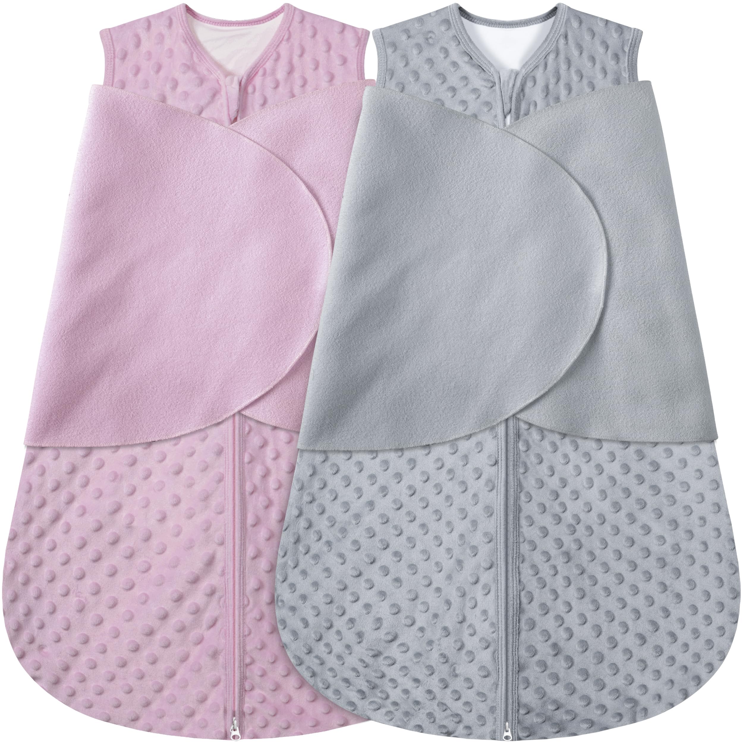 BSTOPPT Fleece Newborn Sleep Sack Baby Swaddle,3-Way Adjustable Wearable Blanket,2 Pack Fleece Swaddling sleeping bag TOG 2.0， (Gray & Pink, 6-12 Months)