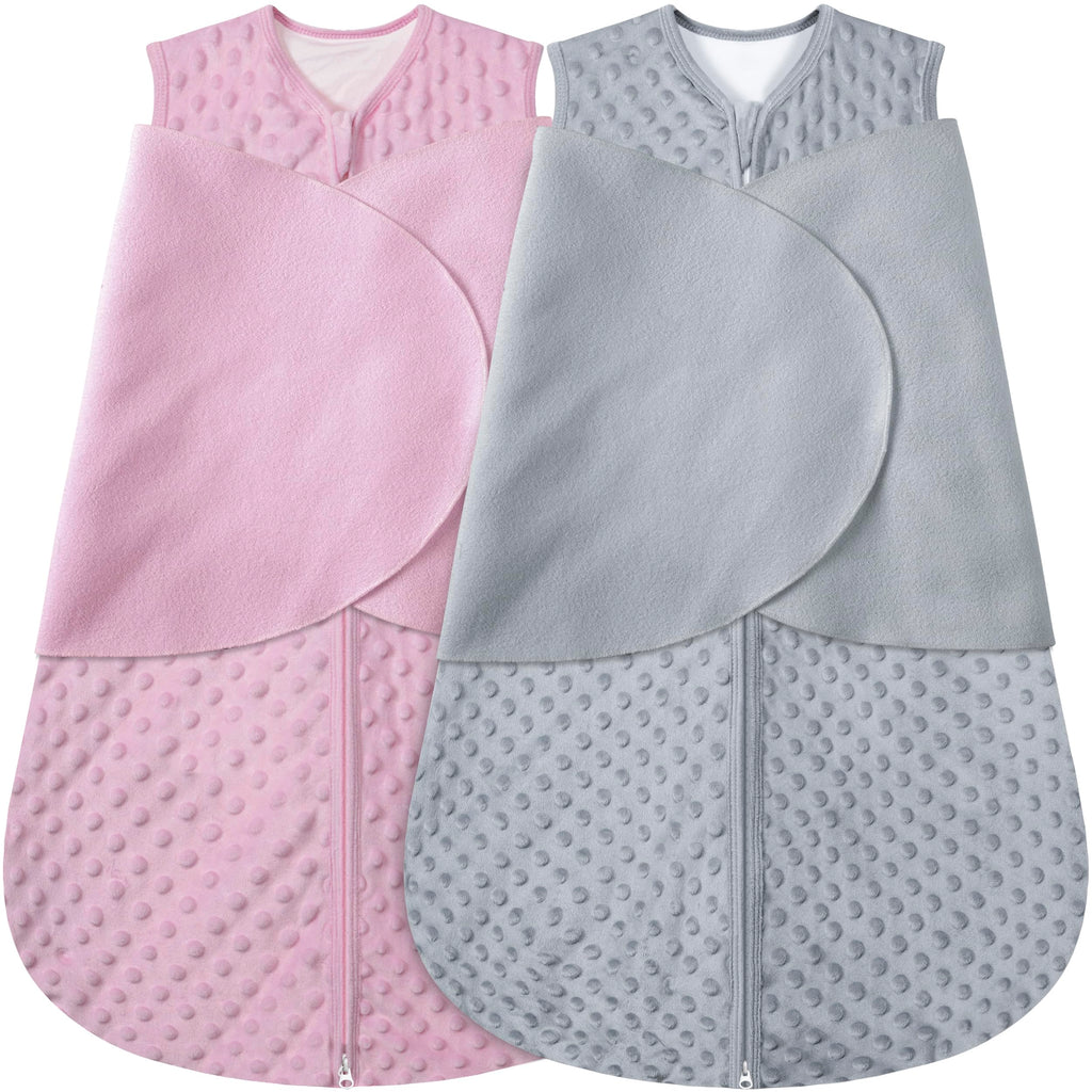 BSTOPPT Fleece Newborn Sleep Sack Baby Swaddle,3-Way Adjustable Wearable Blanket,2 Pack Fleece Swaddling sleeping bag TOG 2.0， (Gray & Pink, 6-12 Months)