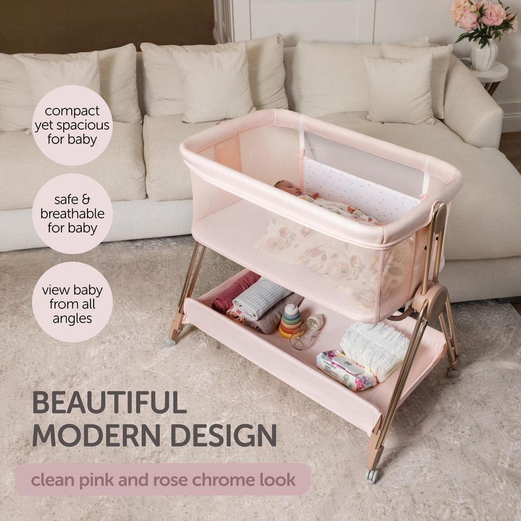 KOOLABABY Baby Bedside Sleeper - Bassinet & Bedside Crib with Height Adjustment & Wheels - Can Be Placed Next to Bed - Attaches to Parents Bed - Easy to Fold & Carry Bassinet for Girls (Pink)