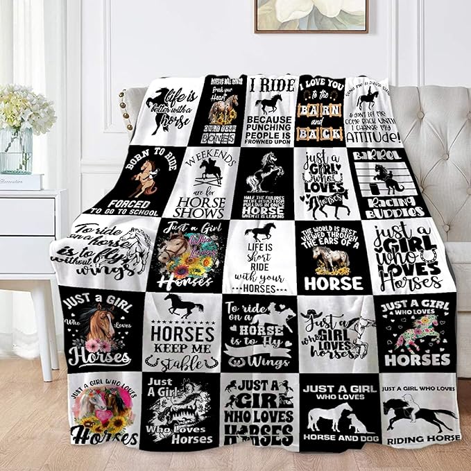 Horse Blanket for Teen Black White Throw Blanket Gifts for Girls Boys Soft Throws Blankets All Seasons 50×60 Inches for Bed Office