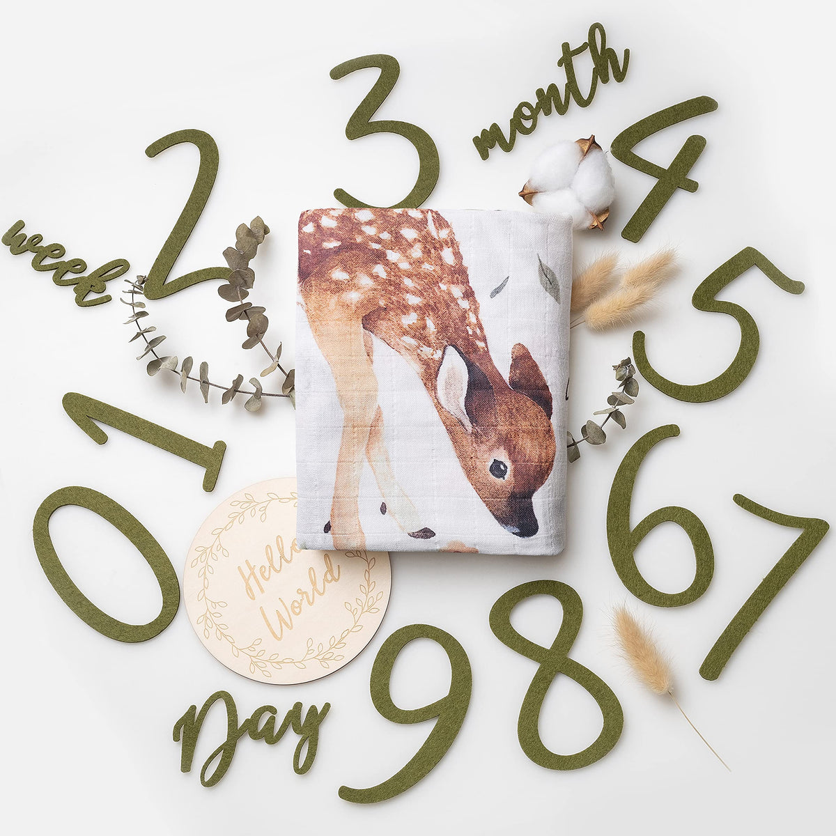 Miaoberry Safari Baby Milestone Blanket, Africa Jungle Theme Monthly Photo Growth Tracker with Giraffe, Lion, Elephant with Hello World Sign