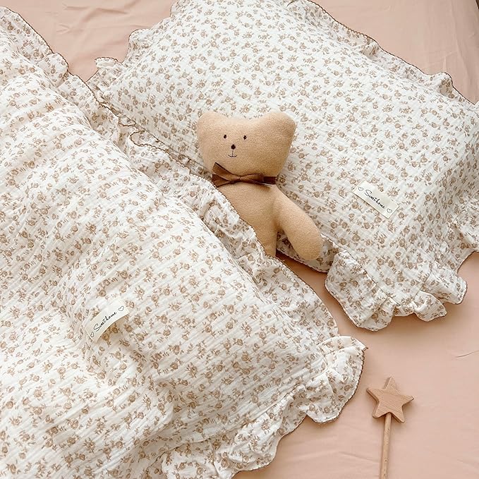 AOJIM Cotton Muslin Kids Toddler Pillowcase with Camellia Pattern Super Soft Baby Crib Pillowcase with Ruffle Edge, Machine Washable Floral Nursery Pillowcase for Boys Girls, Kids Room Decor, 14x20''