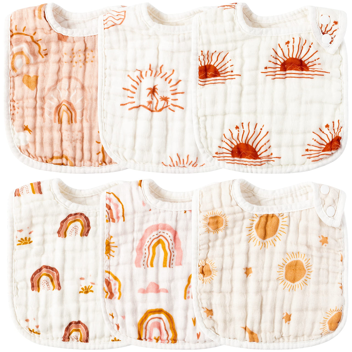 Zainpe 6Pcs Snap Muslin Cotton Bibs for Baby, Flamingo Star Flower Machine Washable Adjustable Burp Cloths with 6 Absorbent Soft Layers for Infant Newborn Toddler Drooling Feeding and Teething