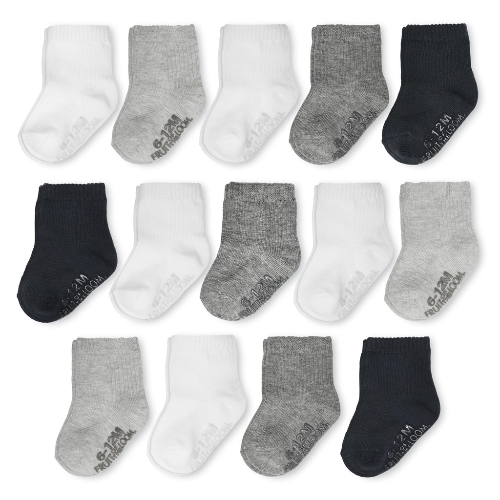 Fruit of the Loom Baby & Toddler Grow & Fit Flex Zones Cotton Stretch Crew Socks - Unisex, Girls, Boys (0-6 Months, Black, White, Grey)