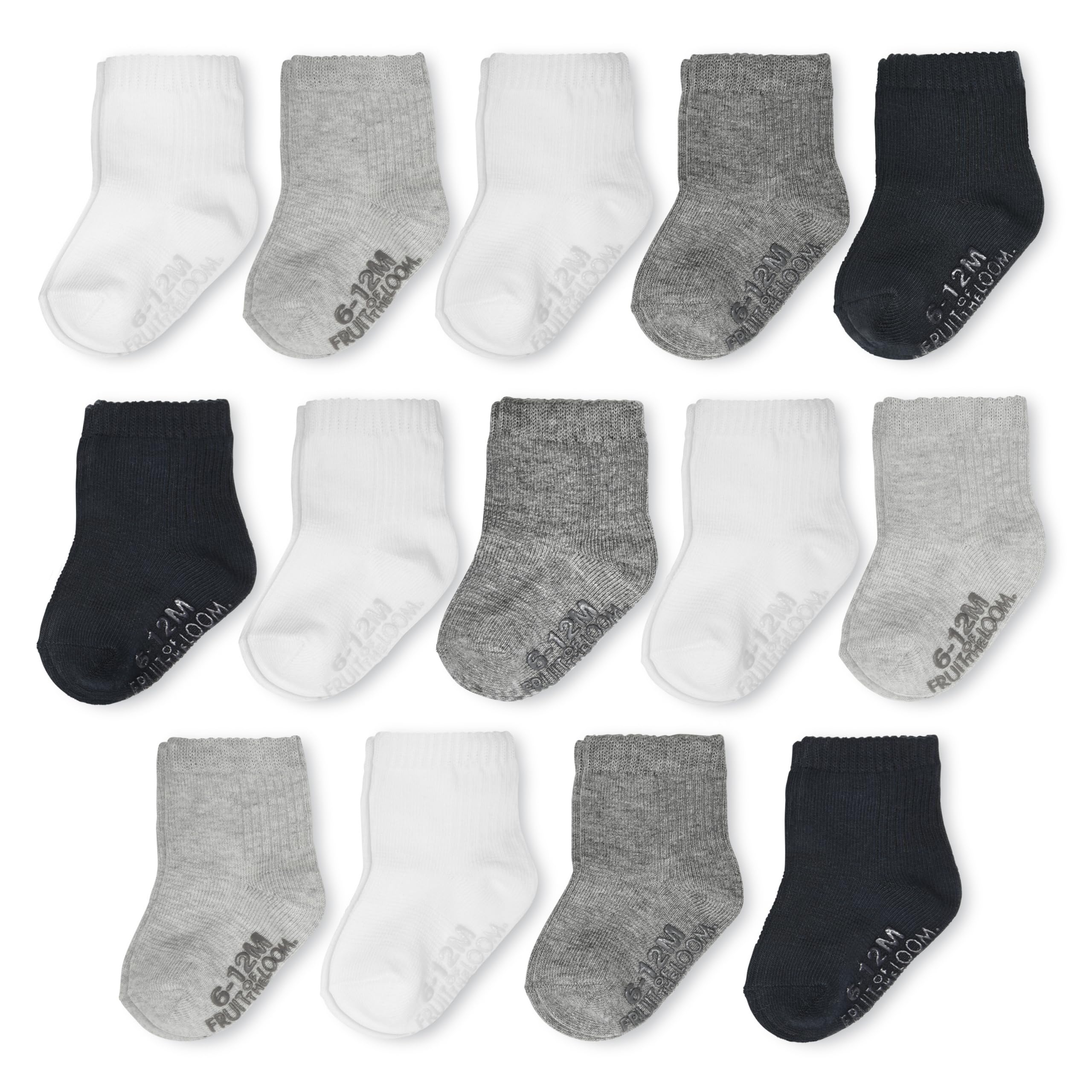 Fruit of the Loom Baby & Toddler Grow & Fit Flex Zones Cotton Stretch Crew Socks - Unisex, Girls, Boys (0-6 Months, Black, White, Grey)