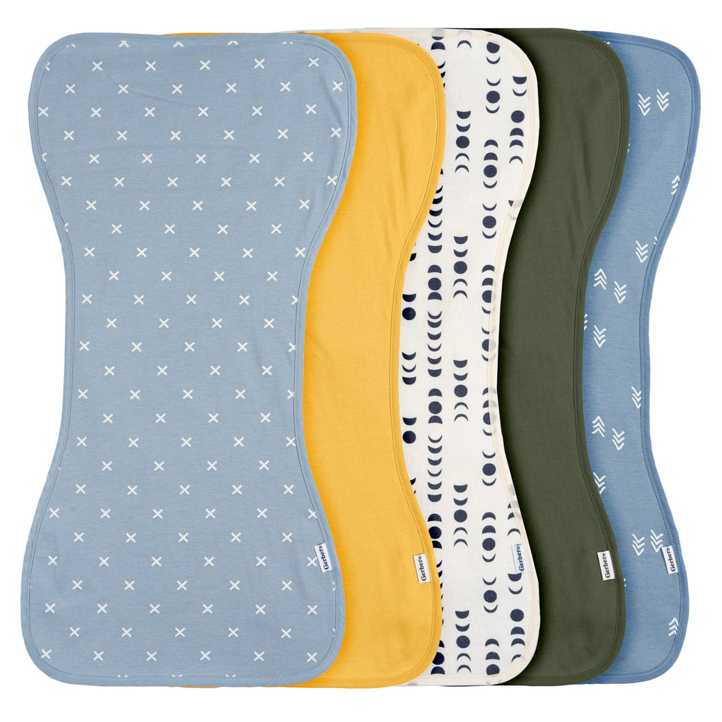 Gerber Baby Unisex Burp Cloths 5-Pack, Blue Gold, Size 10.5" x 21"