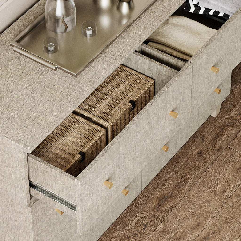 WAMPAT Dresser with 2 Doors & 8 Drawers for Bedroom, 2-in-1 Wood Chest of Drawers, 94.4" Wide Modern Closet Storage Organizer with Adjustable Shelves for Kids Room, Beige Linen Printed Finish