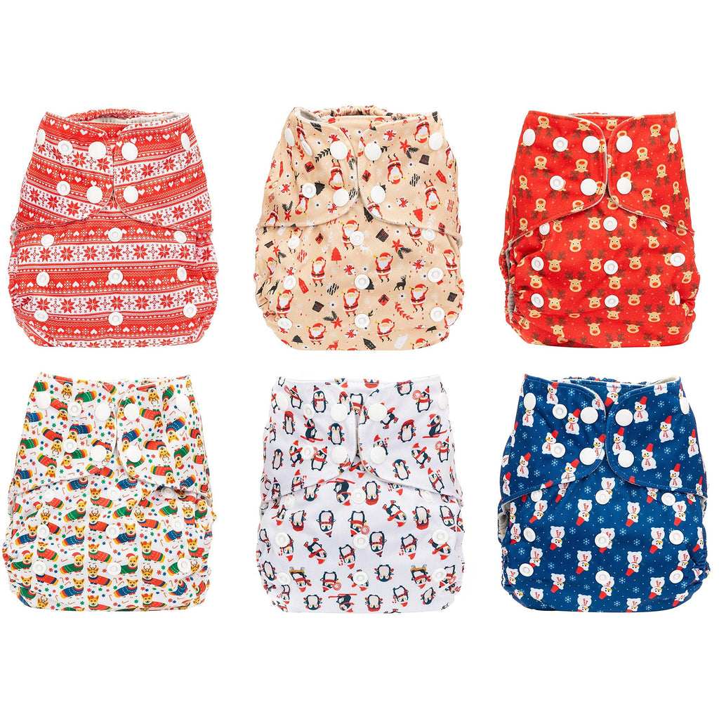 Simple Being Reusable Cloth Diapers, Double Gusset, One Size Adjustable, Washable Soft Absorbent, Waterproof Cover, Eco-Friendly Unisex Baby Girl Boy, six 4-Layers Microfiber Inserts (Christmas)