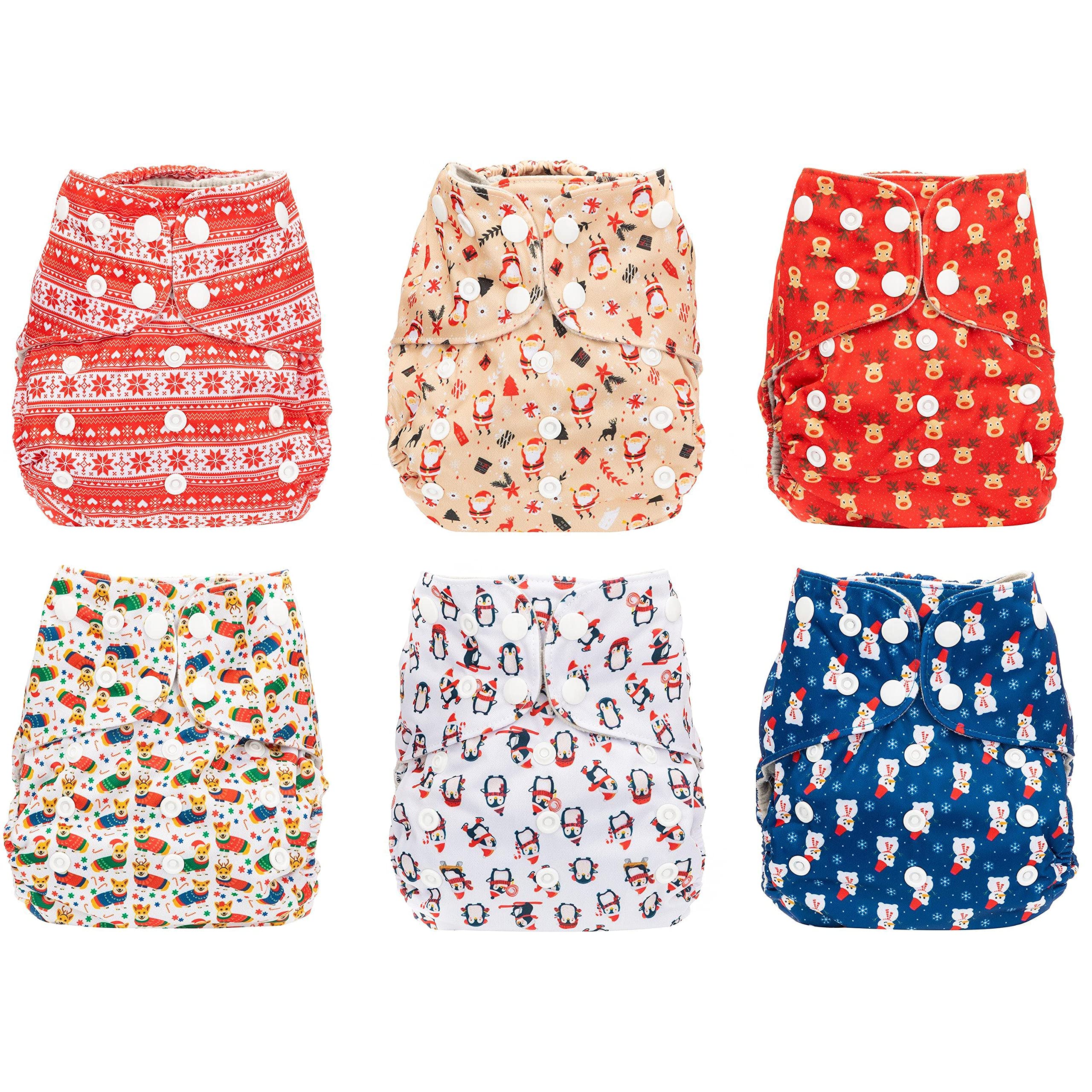 Simple Being Reusable Cloth Diapers, Double Gusset, One Size Adjustable, Washable Soft Absorbent, Waterproof Cover, Eco-Friendly Unisex Baby Girl Boy, six 4-Layers Microfiber Inserts (Christmas)