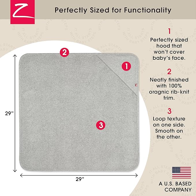 Zutano Hooded Baby Towels, Organic Cotton Baby Bath Towel, Ultra Soft and Absorbent Baby Towel for Newborn and Infant | Girl, Boy, and Unisex Towel Set, Heather Gray Solid, 1-Pack