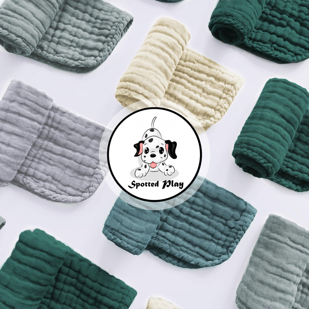 Spotted Play Muslin Burp Cloths 100% Cotton Large 20''x10'' Extra Soft and Absorbent Baby Wash Cloths Spit Up Rags - Baby Burping Cloth for Boys Girls Items(12 Pack Ivory, Slate and Emerald Series)