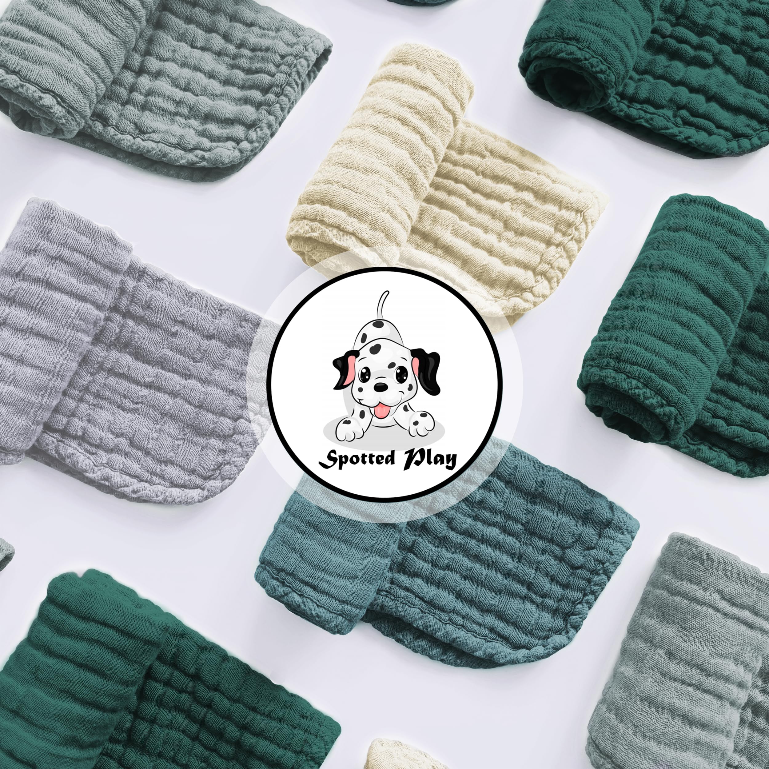 Spotted Play Muslin Burp Cloths 100% Cotton Large 20''x10'' Extra Soft and Absorbent Baby Wash Cloths Spit Up Rags - Baby Burping Cloth for Boys Girls Items(12 Pack Ivory, Slate and Emerald Series)