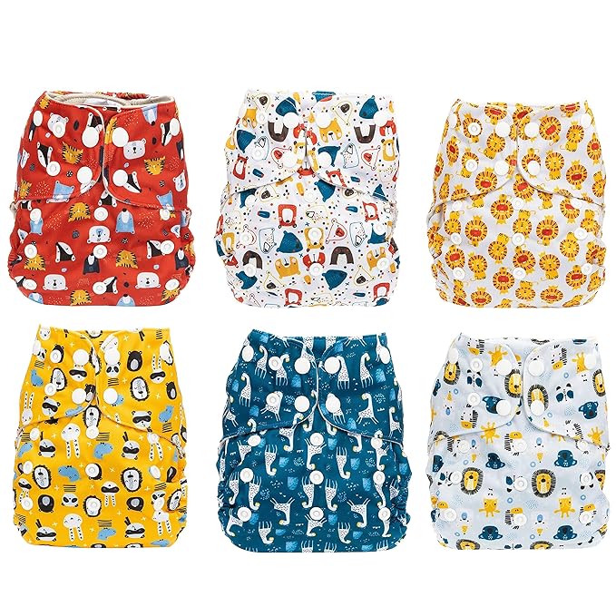 Simple Being Reusable Cloth Diapers, Double Gusset, One Size Adjustable, Washable Soft Absorbent, Waterproof Cover, Eco-Friendly Unisex Baby Girl Boy, six 4-Layers Microfiber Inserts (Boy Animals)